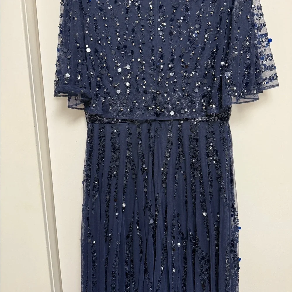 NWT | Mac Duggal Blue 93784 Midnight Blue Maxi Gown Flutter Sleeves Size 10 - Picture 13 of 15